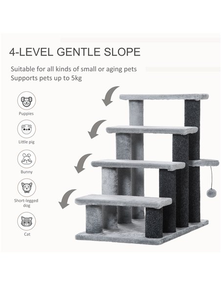 PawHut 4-step Pet Stairs with Scratching Posts, Platforms, Toy Ball, Grey - pic 147290 | FastDaddyshop