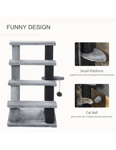 PawHut 4-step Pet Stairs with Scratching Posts, Platforms, Toy Ball, Grey
