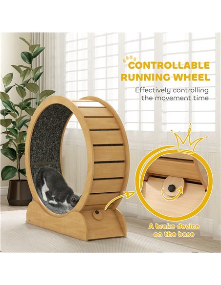 PawHut 39.4" Wooden Cat Running Wheel with Brake, Natural - pic 147337 | FastDaddyshop