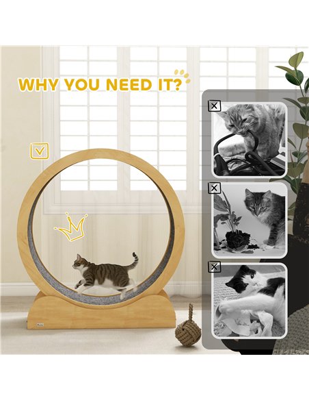 PawHut 39.4" Wooden Cat Running Wheel with Brake, Natural - pic 147338 | FastDaddyshop