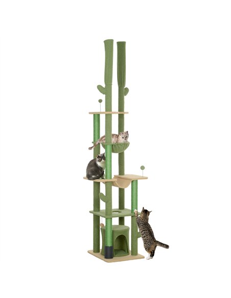 PawHut 225-255cm Adjustable Floor to Ceiling Cat Tree, Tall Cat Tower for Indoor Cats w/ Scratching Posts, Green - pic 147350 | FastDaddyshop