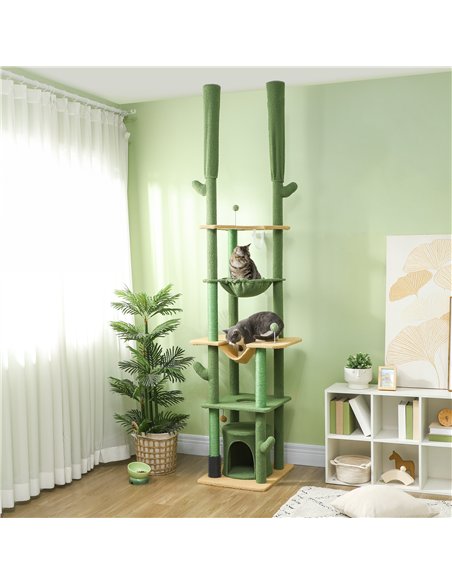 PawHut 225-255cm Adjustable Floor to Ceiling Cat Tree, Tall Cat Tower for Indoor Cats w/ Scratching Posts, Green - pic 147351 | FastDaddyshop