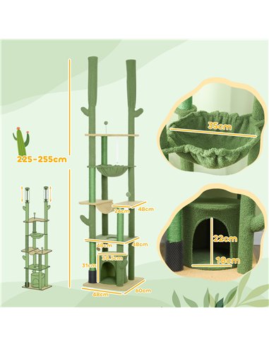 PawHut 225-255cm Adjustable Floor to Ceiling Cat Tree, Tall Cat Tower for Indoor Cats w/ Scratching Posts, Green