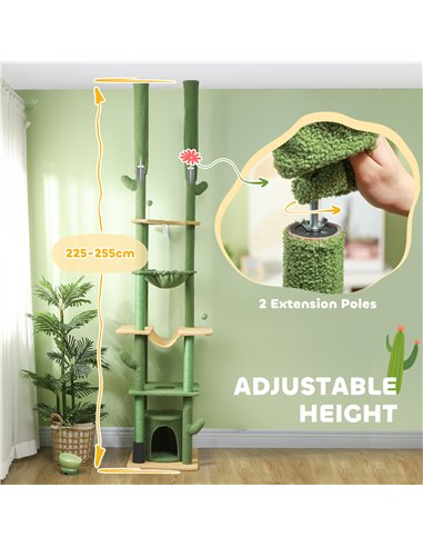 PawHut 225-255cm Adjustable Floor to Ceiling Cat Tree, Tall Cat Tower for Indoor Cats w/ Scratching Posts, Green