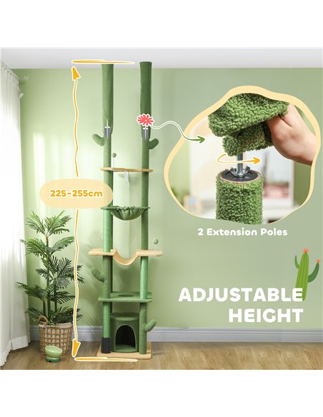 PawHut 225-255cm Adjustable Floor to Ceiling Cat Tree, Tall Cat Tower for Indoor Cats w/ Scratching Posts, Green - pic 147353 | FastDaddyshop