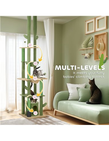 PawHut 225-255cm Adjustable Floor to Ceiling Cat Tree, Tall Cat Tower for Indoor Cats w/ Scratching Posts, Green