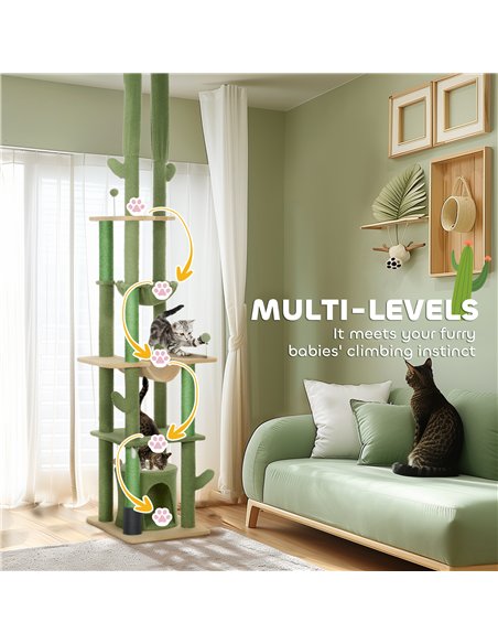 PawHut 225-255cm Adjustable Floor to Ceiling Cat Tree, Tall Cat Tower for Indoor Cats w/ Scratching Posts, Green - pic 147355 | FastDaddyshop