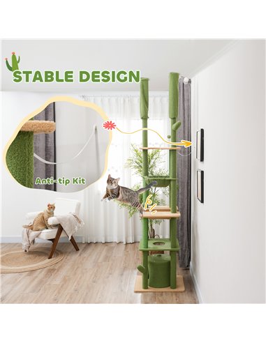 PawHut 225-255cm Adjustable Floor to Ceiling Cat Tree, Tall Cat Tower for Indoor Cats w/ Scratching Posts, Green