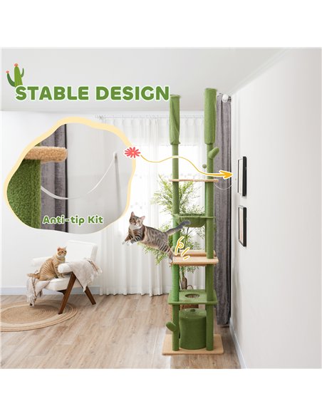 PawHut 225-255cm Adjustable Floor to Ceiling Cat Tree, Tall Cat Tower for Indoor Cats w/ Scratching Posts, Green - pic 147356 | FastDaddyshop