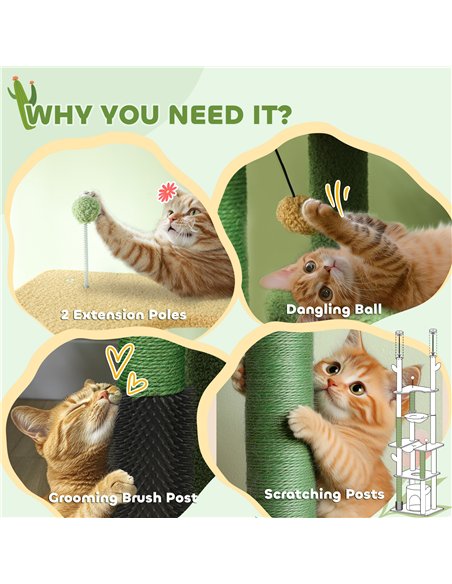 PawHut 225-255cm Adjustable Floor to Ceiling Cat Tree, Tall Cat Tower for Indoor Cats w/ Scratching Posts, Green - pic 147357 | FastDaddyshop