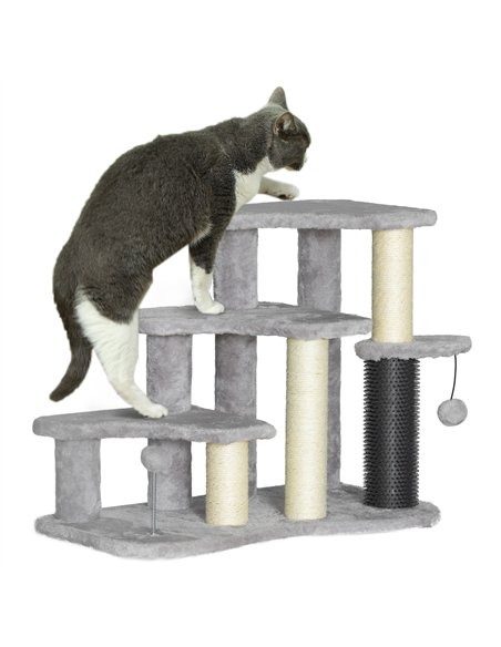 PawHut 2-in-1 Cat Tree, Pet Stairs w/ Scratching Post, Toy Balls, for Bed, Sofa, Couch, Light Grey - pic 147359 | FastDaddyshop