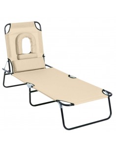 Outsunny Foldable Reclining Sun Lounger with Pillow and Reading Hole, Beige