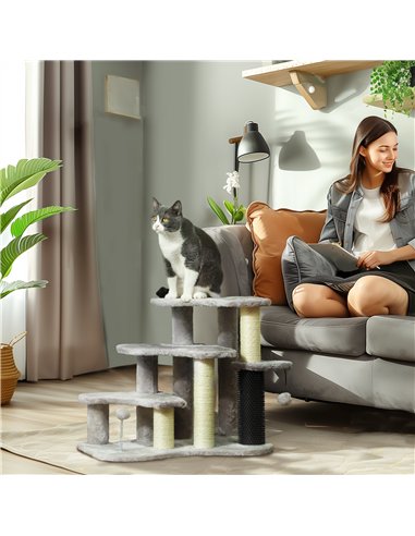 PawHut 2-in-1 Cat Tree, Pet Stairs w/ Scratching Post, Toy Balls, for Bed, Sofa, Couch, Light Grey