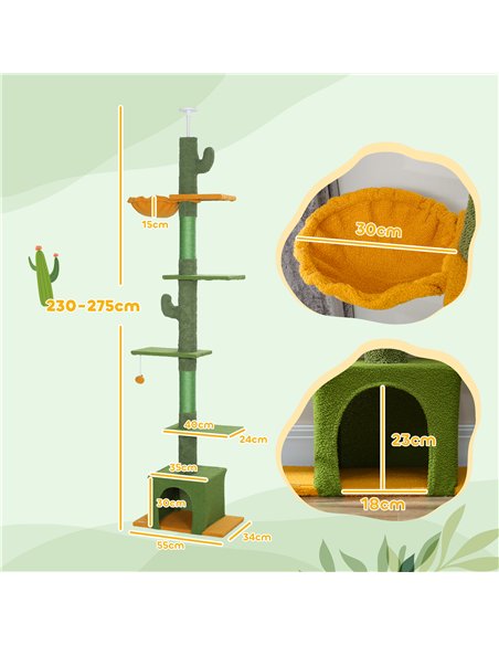 PawHut 230-275cm Floor-to-Ceiling Adjustable Cat Tree with Scratching Posts, Hammock - pic 147379 | FastDaddyshop