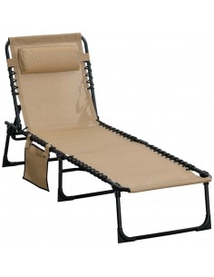Outsunny Folding Sun Lounger with 5-position Adjustable Backrest, Pillow, Beige