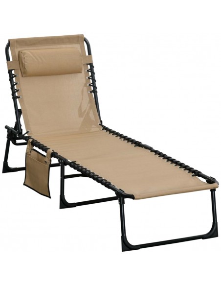 Outsunny Folding Sun Lounger with 5-position Adjustable Backrest, Pillow, Beige - pic 14738 | FastDaddyshop