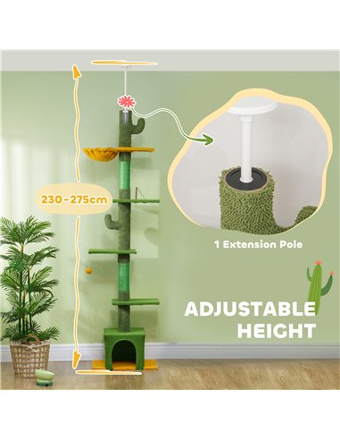 PawHut 230-275cm Floor-to-Ceiling Adjustable Cat Tree with Scratching Posts, Hammock