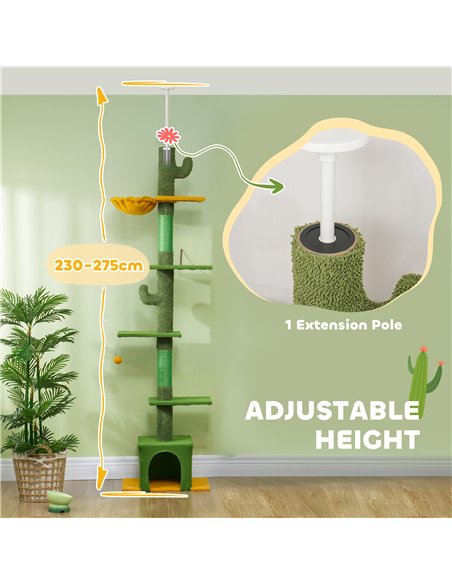 PawHut 230-275cm Floor-to-Ceiling Adjustable Cat Tree with Scratching Posts, Hammock - pic 147380 | FastDaddyshop
