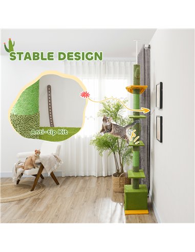 PawHut 230-275cm Floor-to-Ceiling Adjustable Cat Tree with Scratching Posts, Hammock