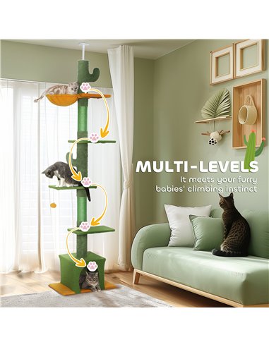 PawHut 230-275cm Floor-to-Ceiling Adjustable Cat Tree with Scratching Posts, Hammock