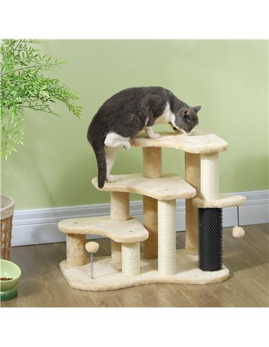 PawHut 2-in-1 Cat Tree, Pet Stairs with Scratching Tickling Post, Toy Balls, for Bed, Sofa, Couch, Beige