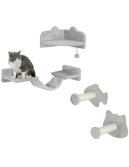 PawHut 4-Piece Cat Wall Shelves with Steps, Ladder, Jumping Platforms, Light Grey - pic 147404 | FastDaddyshop