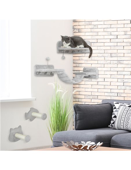 PawHut 4-Piece Cat Wall Shelves with Steps, Ladder, Jumping Platforms, Light Grey - pic 147405 | FastDaddyshop