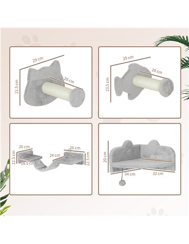 PawHut 4-Piece Cat Wall Shelves with Steps, Ladder, Jumping Platforms, Light Grey