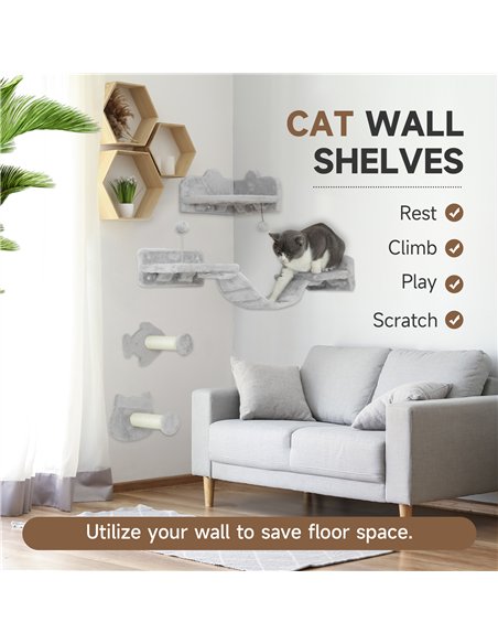 PawHut 4-Piece Cat Wall Shelves with Steps, Ladder, Jumping Platforms, Light Grey - pic 147407 | FastDaddyshop