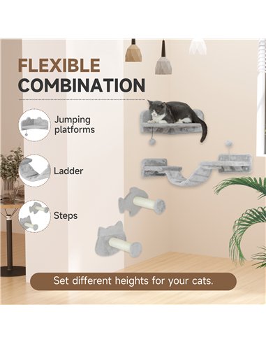 PawHut 4-Piece Cat Wall Shelves with Steps, Ladder, Jumping Platforms, Light Grey