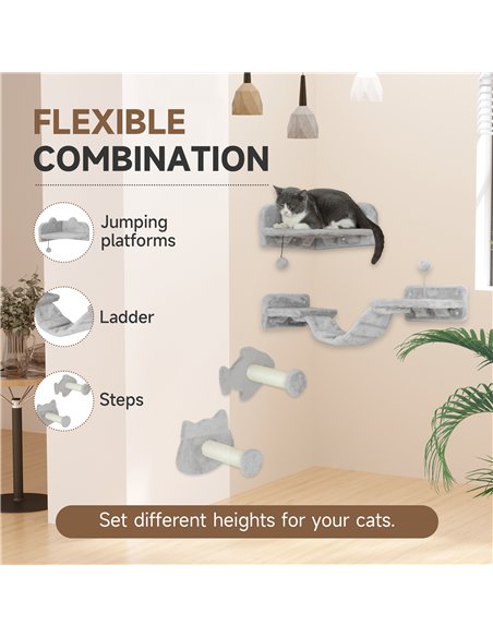 PawHut 4-Piece Cat Wall Shelves with Steps, Ladder, Jumping Platforms, Light Grey - pic 147408 | FastDaddyshop