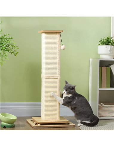 PawHut 3-in-1 Cat Scratching Post, 87cm Cat Scratcher w/ Track Ball Toy, Oak Tone