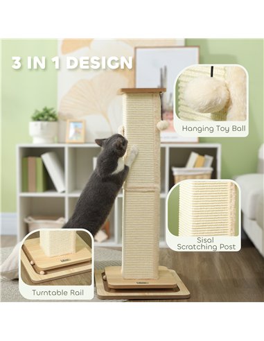 PawHut 3-in-1 Cat Scratching Post, 87cm Cat Scratcher w/ Track Ball Toy, Oak Tone