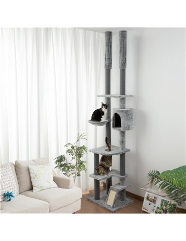 PawHut 225-255cm Floor to Ceiling Cat Tree, Large Cat Tower w/ Cat Scratching Posts, Ramp, Cat House