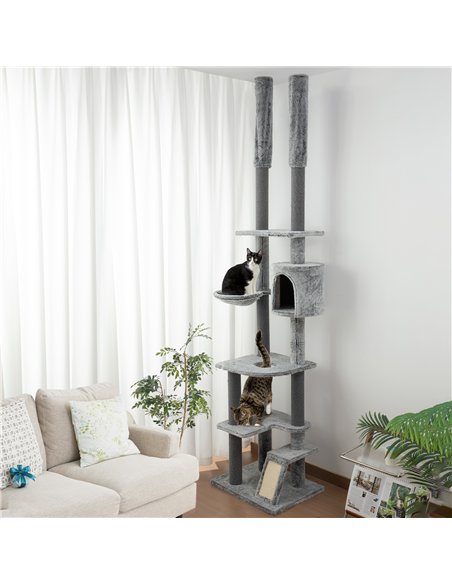 PawHut 225-255cm Floor to Ceiling Cat Tree, Large Cat Tower w/ Cat Scratching Posts, Ramp, Cat House - pic 147423 | FastDaddyshop