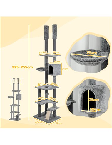 PawHut 225-255cm Floor to Ceiling Cat Tree, Large Cat Tower w/ Cat Scratching Posts, Ramp, Cat House