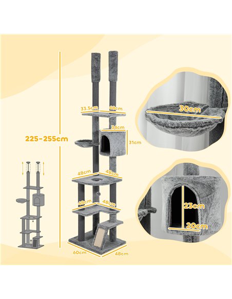 PawHut 225-255cm Floor to Ceiling Cat Tree, Large Cat Tower w/ Cat Scratching Posts, Ramp, Cat House - pic 147424 | FastDaddyshop