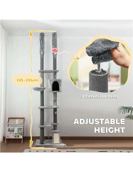 PawHut 225-255cm Floor to Ceiling Cat Tree, Large Cat Tower w/ Cat Scratching Posts, Ramp, Cat House - pic 147425 | FastDaddyshop