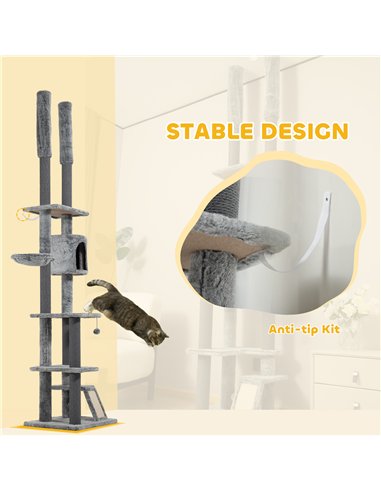 PawHut 225-255cm Floor to Ceiling Cat Tree, Large Cat Tower w/ Cat Scratching Posts, Ramp, Cat House