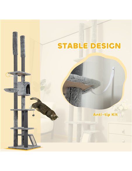 PawHut 225-255cm Floor to Ceiling Cat Tree, Large Cat Tower w/ Cat Scratching Posts, Ramp, Cat House - pic 147428 | FastDaddyshop