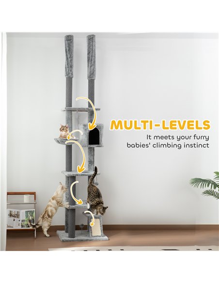 PawHut 225-255cm Floor to Ceiling Cat Tree, Large Cat Tower w/ Cat Scratching Posts, Ramp, Cat House - pic 147429 | FastDaddyshop