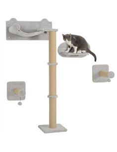 PawHut 4-Piece Cat Shelves w/ Scratching Post, Steps, Jumping Platform, Ladder, Toy Balls, for Indoor Cats, Light Grey