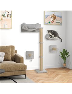 PawHut 4-Piece Cat Shelves w/ Scratching Post, Steps, Jumping Platform, Ladder, Toy Balls, for Indoor Cats, Light Grey 2