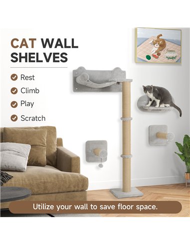 PawHut 4-Piece Cat Shelves w/ Scratching Post, Steps, Jumping Platform, Ladder, Toy Balls, for Indoor Cats, Light Grey