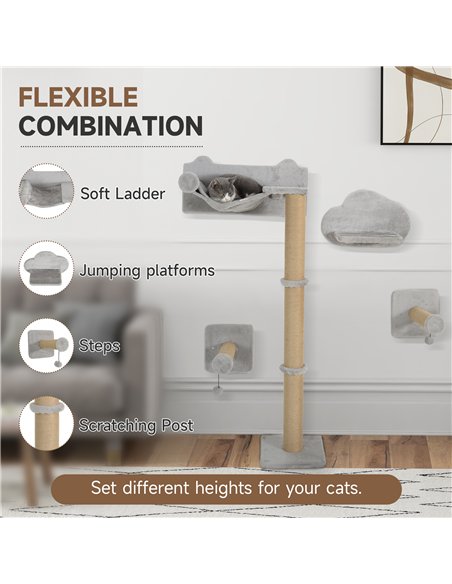 PawHut 4-Piece Cat Shelves w/ Scratching Post, Steps, Jumping Platform, Ladder, Toy Balls, for Indoor Cats, Light Grey - pic 147435 | FastDaddyshop