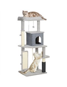 PawHut 132cm Cat Tree w/ Scratching Posts, Pad, Cat Bed, Cat House, Jumping Platform, Grooming Brush, Anti-Tip Kit, Light Grey