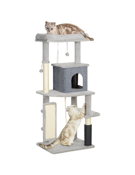 PawHut 132cm Cat Tree w/ Scratching Posts, Pad, Cat Bed, Cat House, Jumping Platform, Grooming Brush, Anti-Tip Kit, Light Grey - pic 147449 | FastDaddyshop