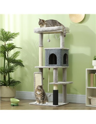 PawHut 132cm Cat Tree w/ Scratching Posts, Pad, Cat Bed, Cat House, Jumping Platform, Grooming Brush, Anti-Tip Kit, Light Grey