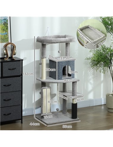 PawHut 132cm Cat Tree w/ Scratching Posts, Pad, Cat Bed, Cat House, Jumping Platform, Grooming Brush, Anti-Tip Kit, Light Grey