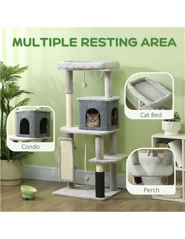 PawHut 132cm Cat Tree w/ Scratching Posts, Pad, Cat Bed, Cat House, Jumping Platform, Grooming Brush, Anti-Tip Kit, Light Grey